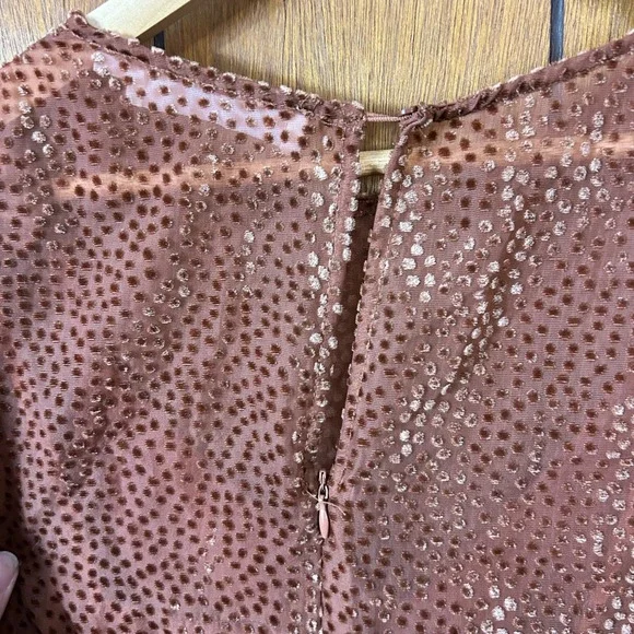 ASTR The Label Ginger Ruched Ruffle Midi Dress Brown Polka Dot Sheer‎ Sleeve M - Picture 6 of 8